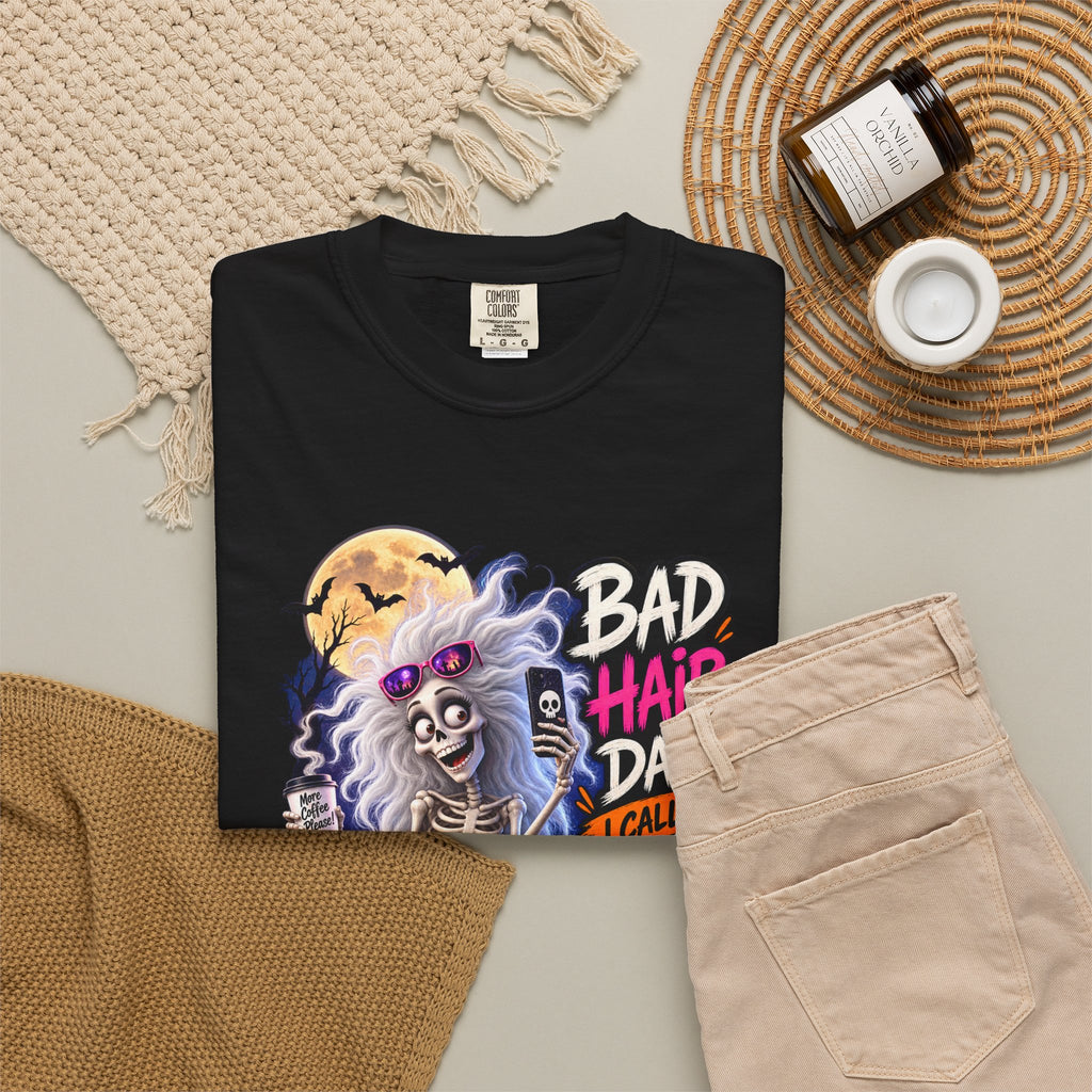 Halloween T-Shirt — “Bad Hair Day? I Call It Halloween Everyday!” Gothic Skeleton Tee