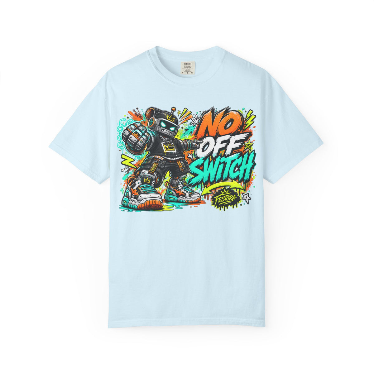 No Off Switch Robot Graphic T-Shirt — Bold Retro Streetwear Design