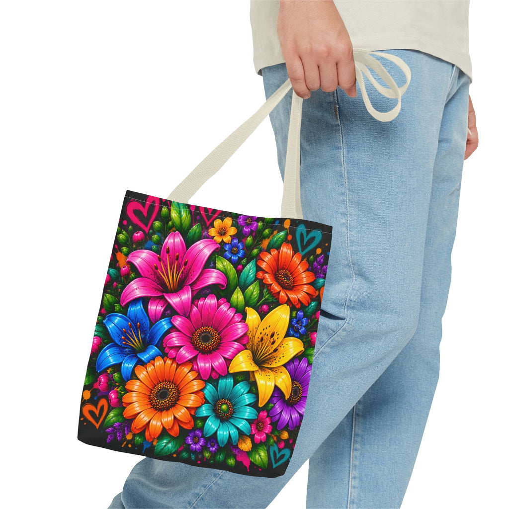 Festora Floral Burst Tote Bag — Colorful Flowers on Black