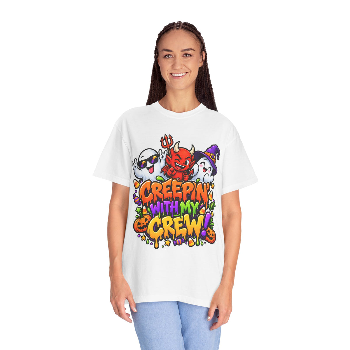 Creepin’ With My Crew Halloween T-Shirt – Colorful Funny Ghost & Devil Graphic Tee