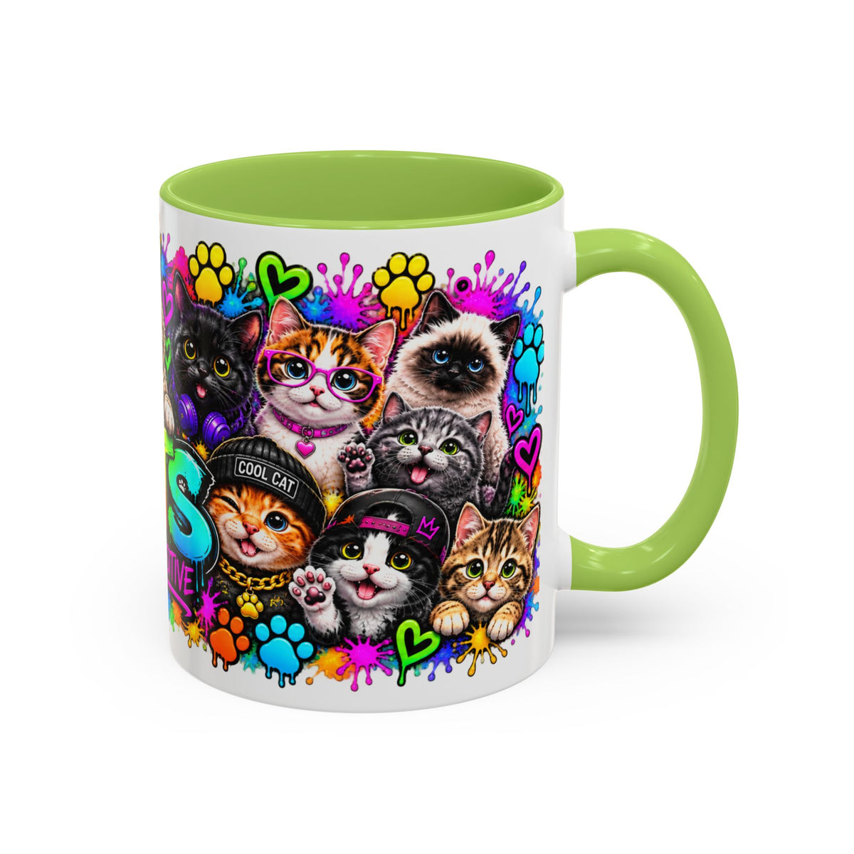Cats Stay Pawsitive Accent Coffee Mug – Colorful Cute Cat Paw Print Design (11oz)