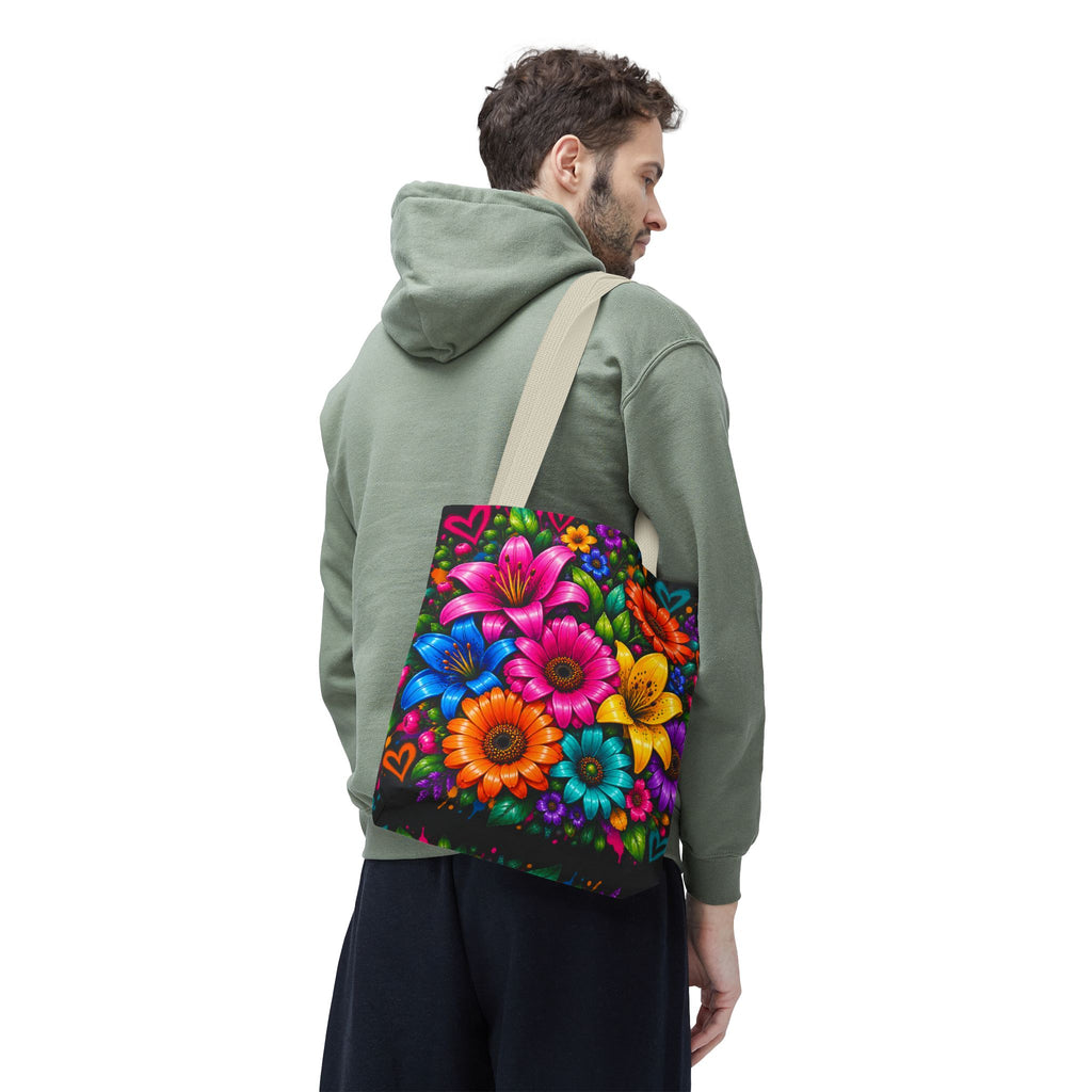 Festora Floral Burst Tote Bag — Colorful Flowers on Black