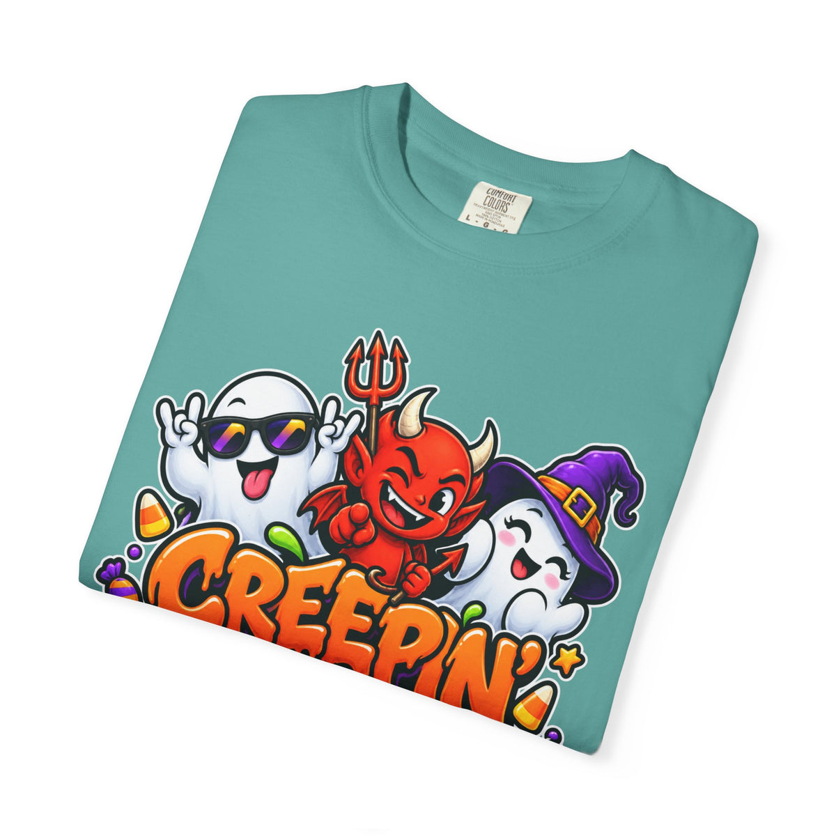 Creepin’ With My Crew Halloween T-Shirt – Colorful Funny Ghost & Devil Graphic Tee