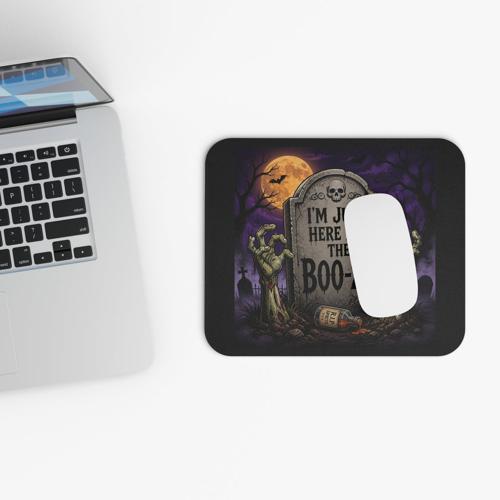 Halloween Mouse Pad — "I’m Just Here for the Boo-ze" Tombstone Design
