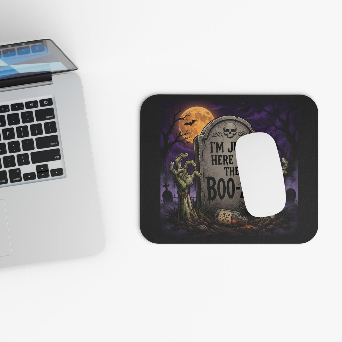 Halloween Mouse Pad — "I’m Just Here for the Boo-ze" Tombstone Design