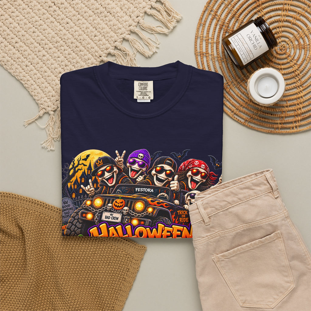 Halloween Crew T-Shirt – Skeleton Jeep Spooky Graphic Tee