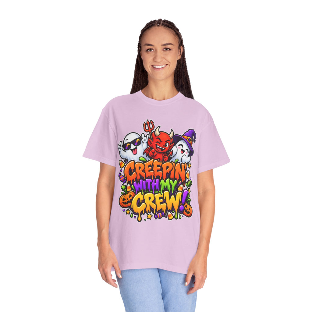 Creepin’ With My Crew Halloween T-Shirt – Colorful Funny Ghost & Devil Graphic Tee