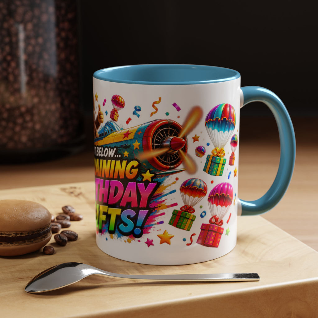 Birthday Gifts Coffee Mug — "It's Raining Birthday Gifts!" Colorful Accent Mug