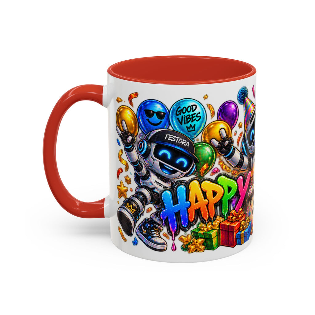 Birthday Robot Coffee Mug — Colorful Happy Birthday Accent Mug (11oz)