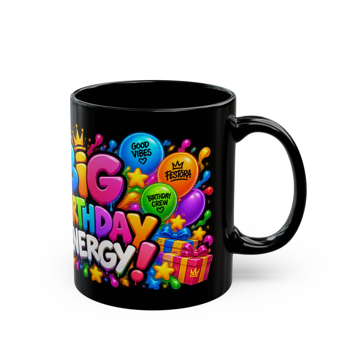 BIG BIRTHDAY ENERGY! Black Ceramic Mug – Funny Hippo Birthday Coffee Cup – Colorful Party Gift – Original FestoraShop Design