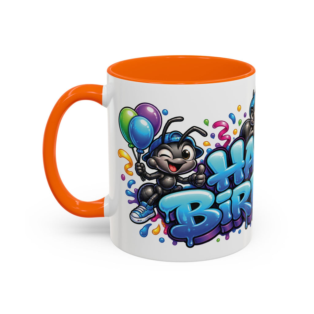 Happy Birthday Cartoon Mug – Graffiti Ants, Birthday Cake, Balloons & Confetti Coffee Cup