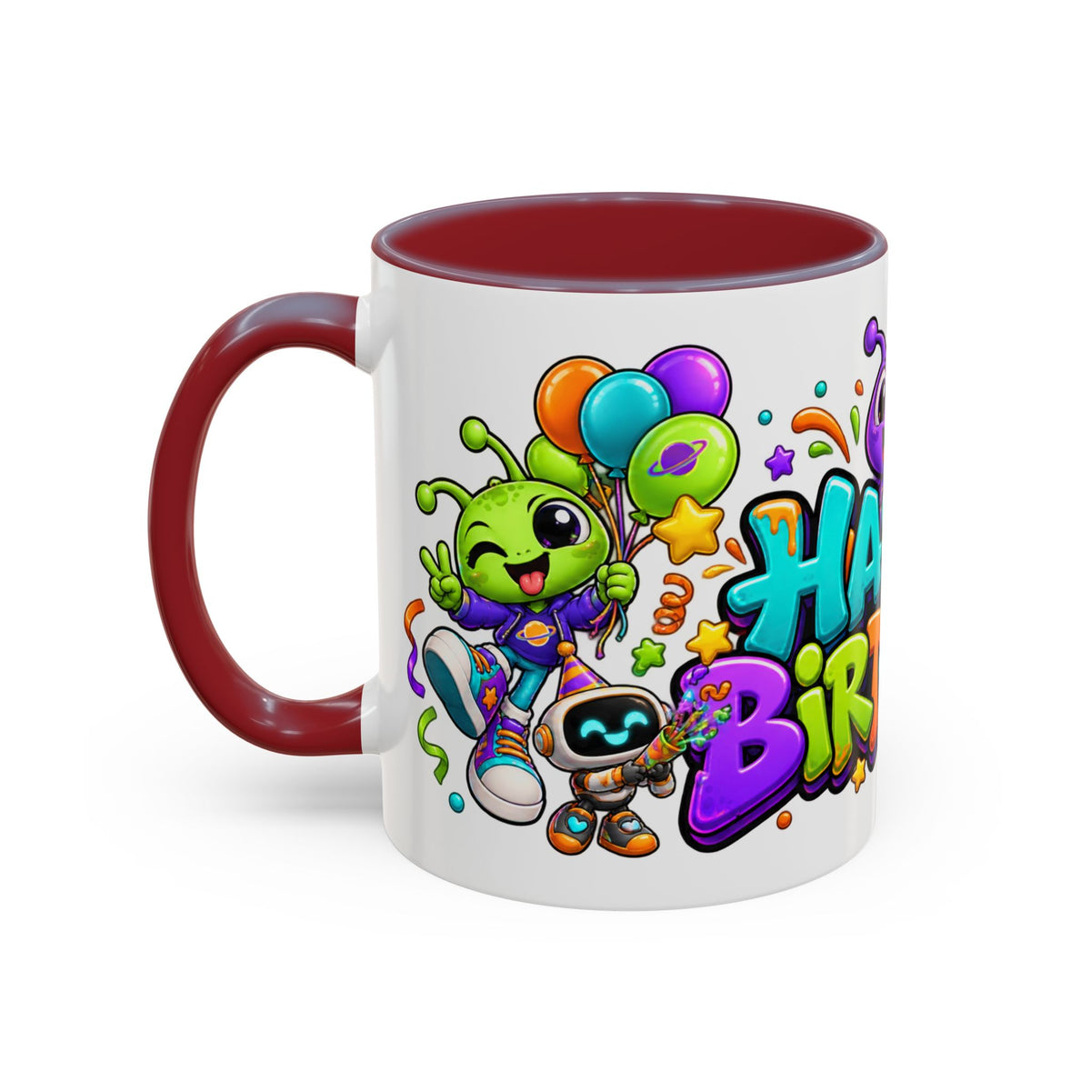 Happy Birthday Alien Mug – Colorful Space Party Cup with Cute Aliens & Robots