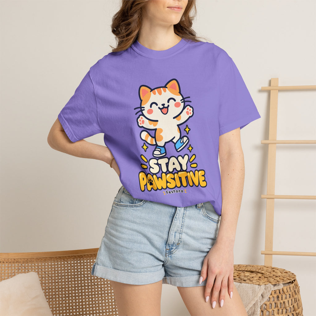 Stay Pawsitive – Cute Happy Cat Graphic T-Shirt