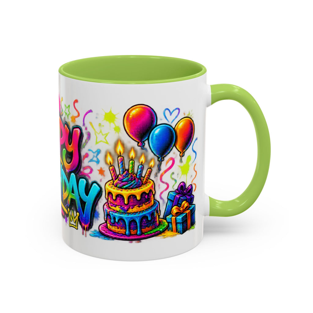 Happy Birthday Accent Coffee Mug – Colorful Graffiti Cake & Balloons (11/15oz)