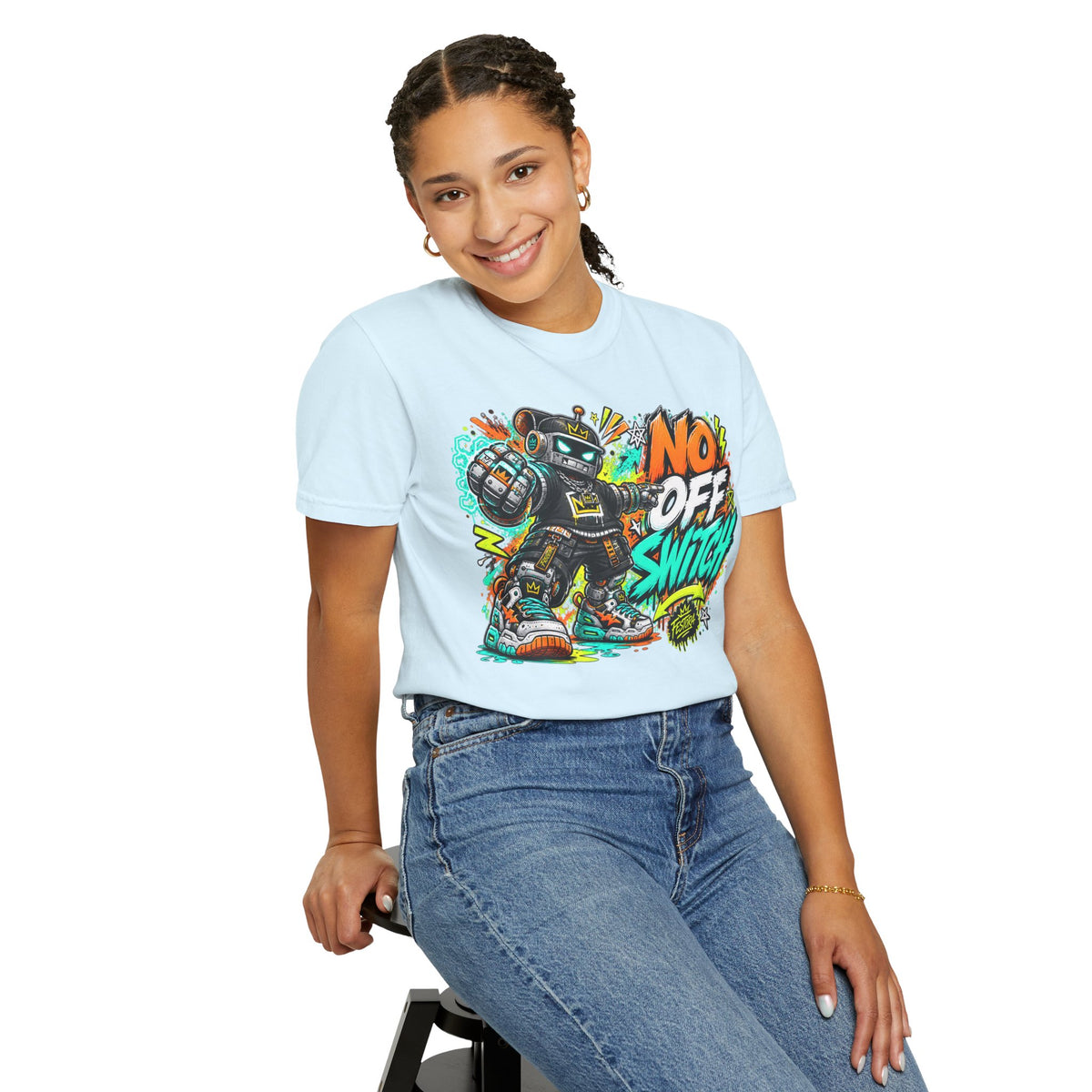 No Off Switch Robot Graphic T-Shirt — Bold Retro Streetwear Design