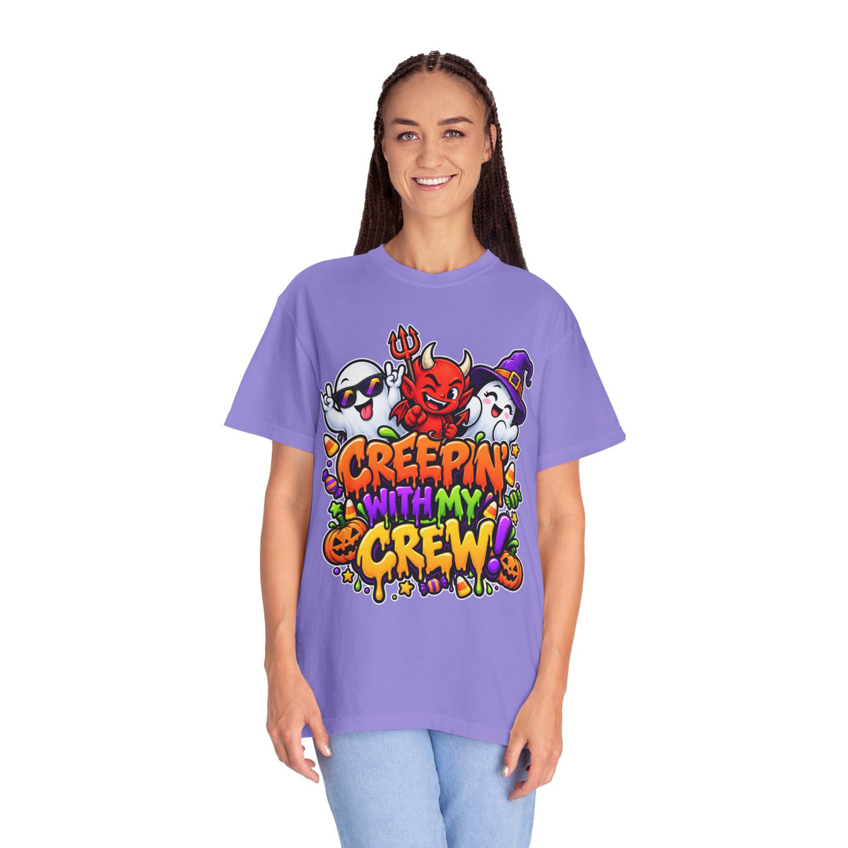 Creepin’ With My Crew Halloween T-Shirt – Colorful Funny Ghost & Devil Graphic Tee
