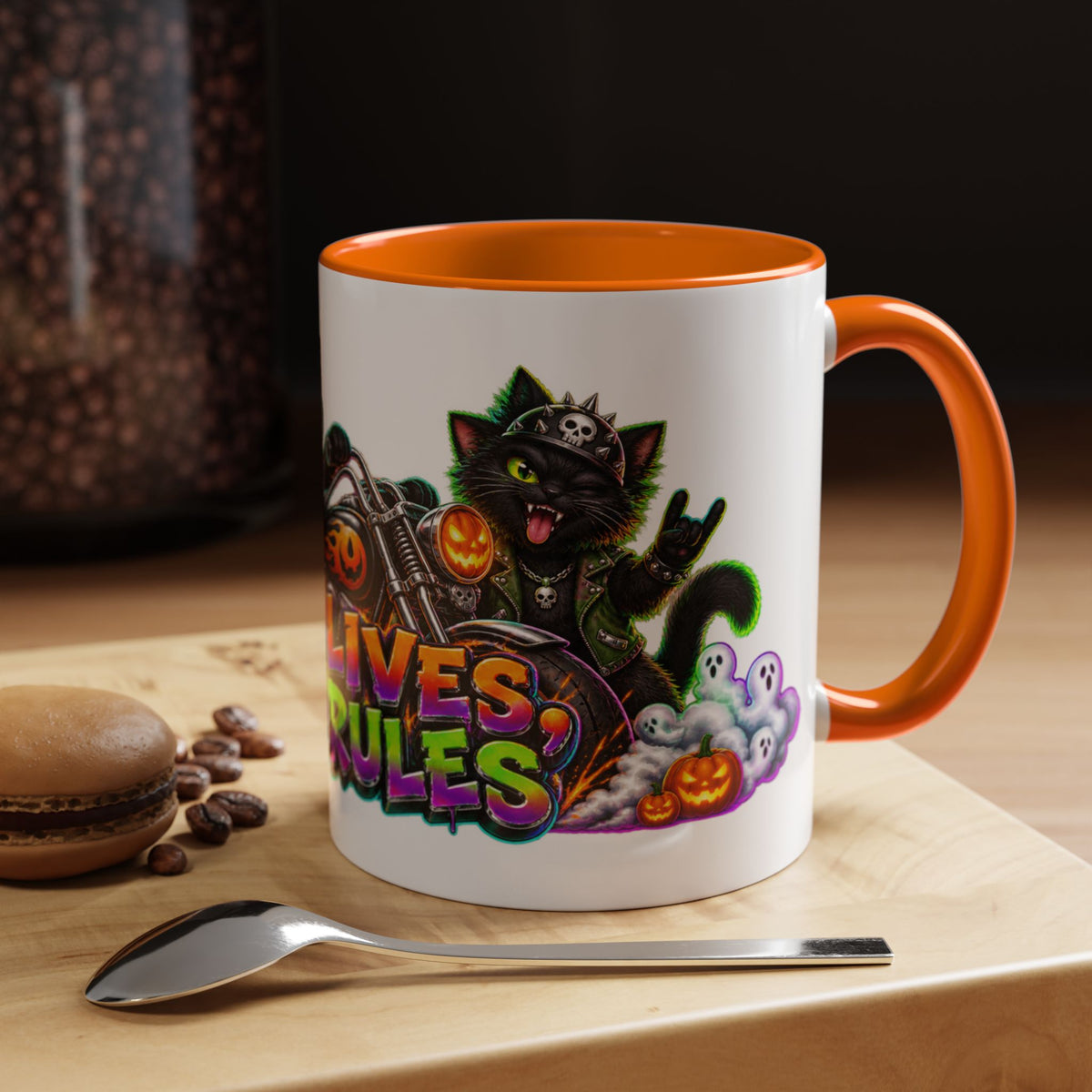 Nine Lives Zero Rules Biker Cats Halloween White Mug