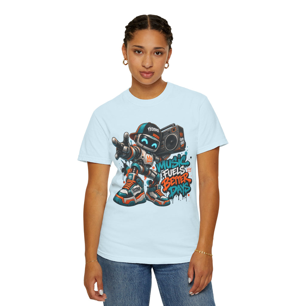 Music Fuels Better Days T-Shirt — Retro Robot Boombox Streetwear