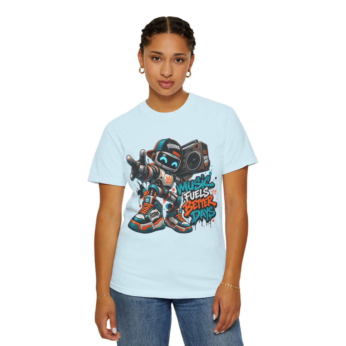Music Fuels Better Days T-Shirt — Retro Robot Boombox Streetwear
