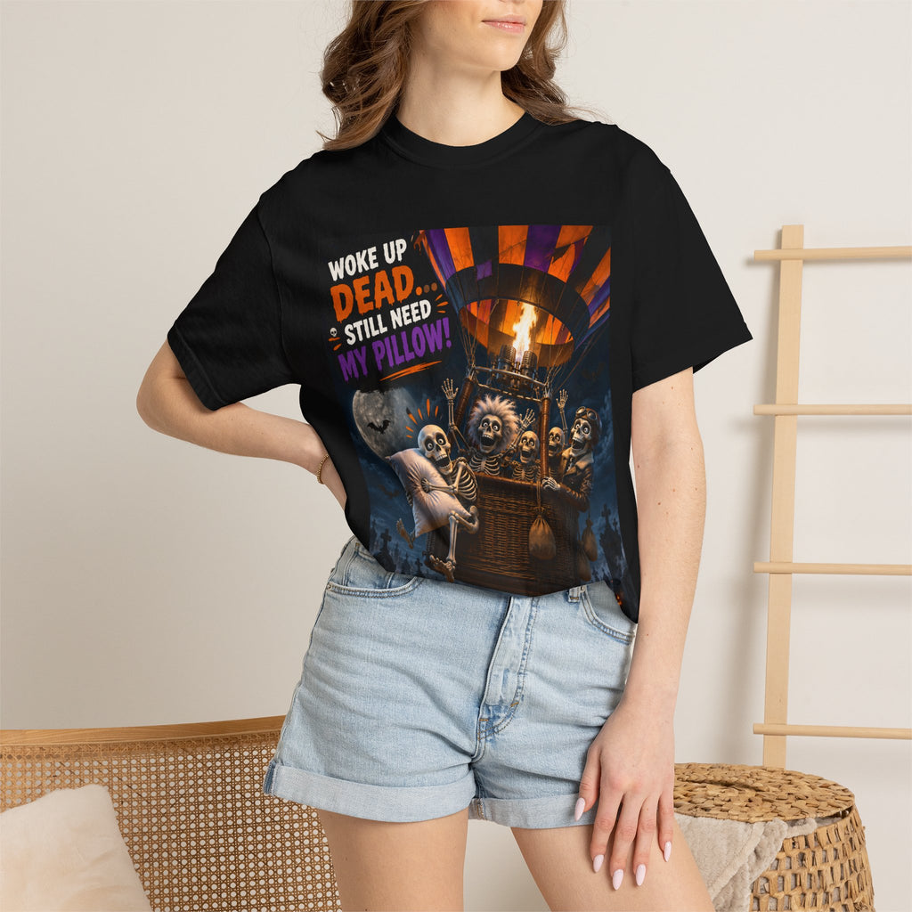 Halloween Skeleton Hot Air Balloon T-Shirt — "Woke Up Dead... Still Need My Pillow"