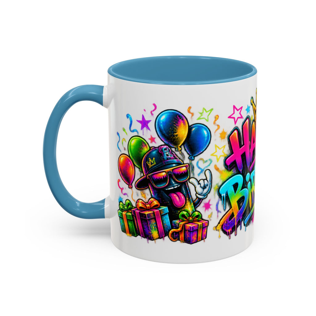 Happy Birthday Accent Coffee Mug – Colorful Graffiti Cake & Balloons (11/15oz)