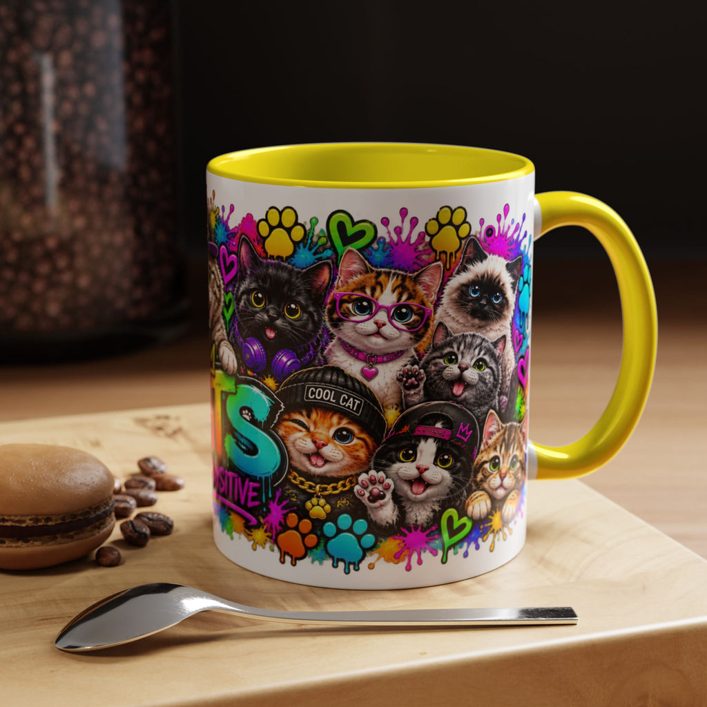 Cats Stay Pawsitive Accent Coffee Mug – Colorful Cute Cat Paw Print Design (11oz)