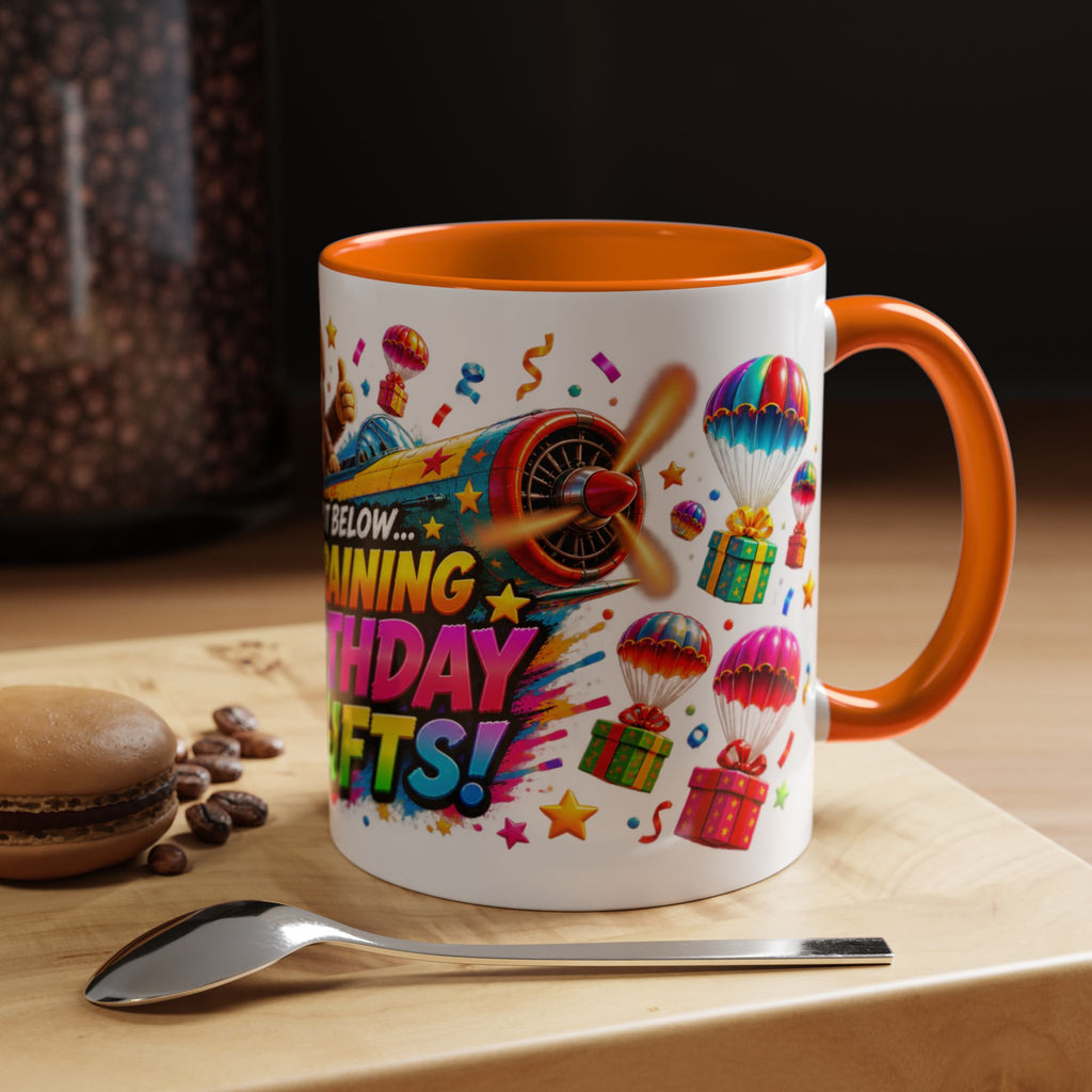 Birthday Gifts Coffee Mug — "It's Raining Birthday Gifts!" Colorful Accent Mug