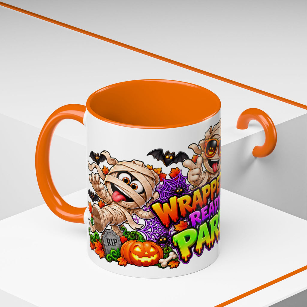 Wrapped Up & Ready to Party White Mug – Funny Mummies & Spooky Party Design
