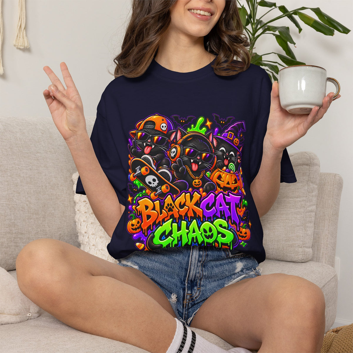 Neon Black Cat Halloween Chaos T-Shirt | Cute Spooky Cat Graphic Tee