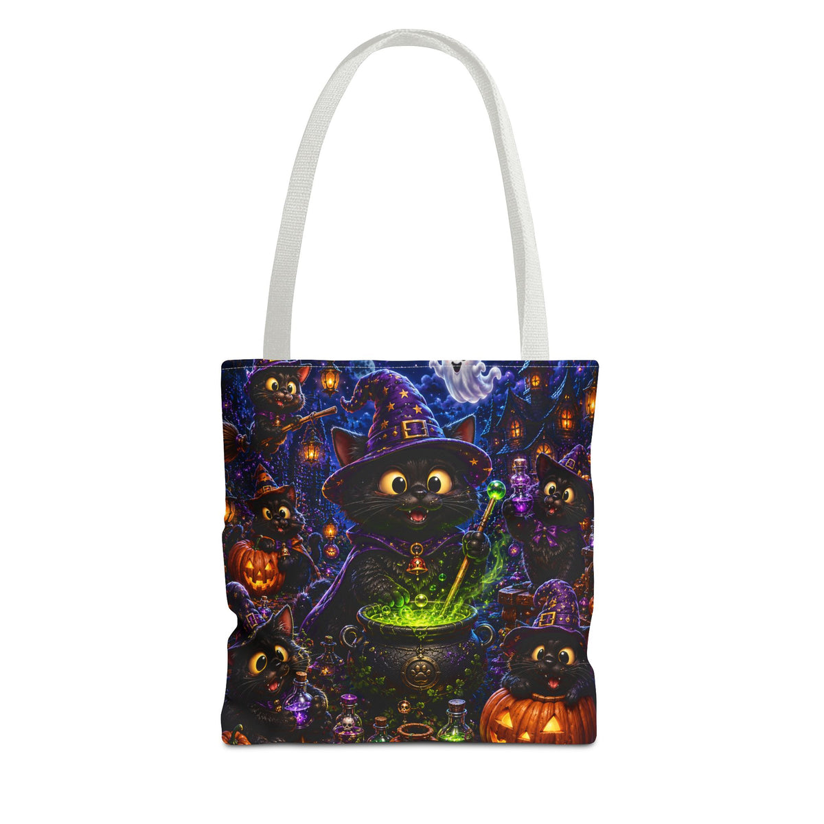 Halloween Black Cat Witches Tote Bag — Cute 3D Cats, Cauldron & Pumpkins Design