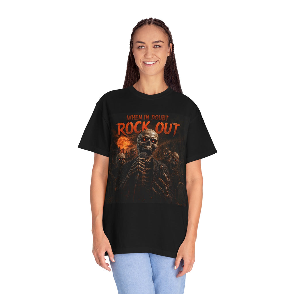 Rock Out Skeleton Halloween  Band T-Shirt — "When in Doubt Rock Out" Graphic Tee