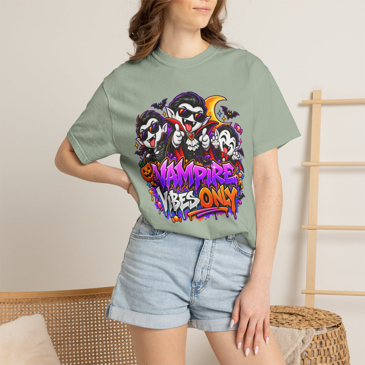 Neon Vampire Vibes Halloween Unisex Garment-Dyed T-Shirt Featuring a Cool Festora Vampire Crew