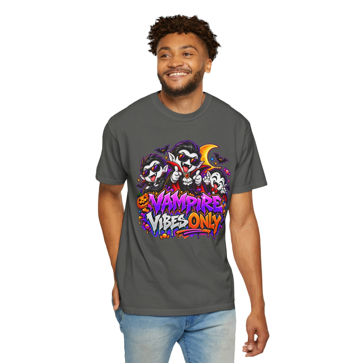 Neon Vampire Vibes Halloween Unisex Garment-Dyed T-Shirt Featuring a Cool Festora Vampire Crew