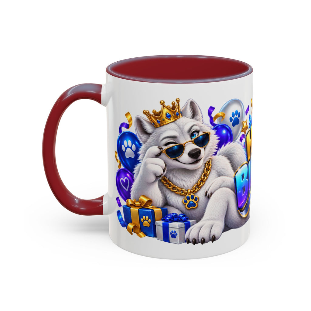 White Wolf Happy Birthday Mug – Blue Purple & Gold Birthday Gift – FestoraShop White Coffee Mug