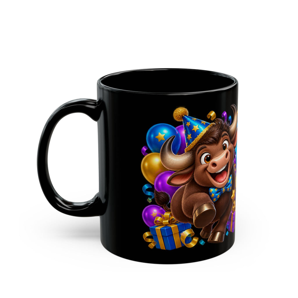 Birthday Stampede Black Mug – Funny Buffalo Birthday Cup, Colorful Party Gift