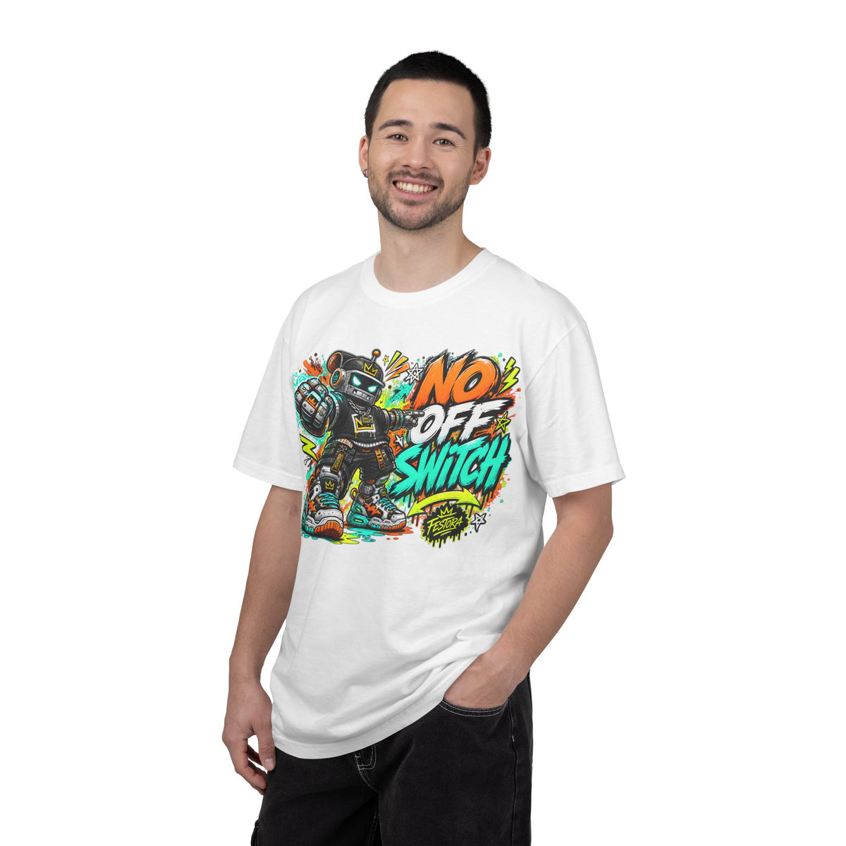 No Off Switch Robot Graphic T-Shirt — Bold Retro Streetwear Design