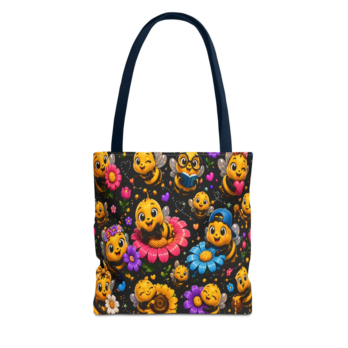 Cute Bee Pattern Tote Bag — Colorful Floral Cartoon Bees All-Over Print