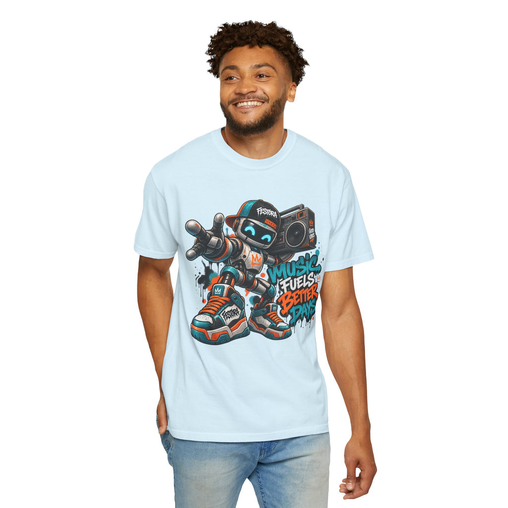 Music Fuels Better Days T-Shirt — Retro Robot Boombox Streetwear