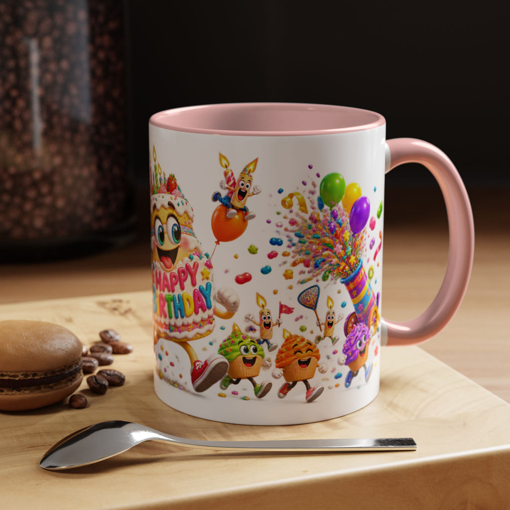 Birthday Party Coffee Mug – Colorful Happy Birthday Cake & Balloon Design (11/15oz Accent Mug)
