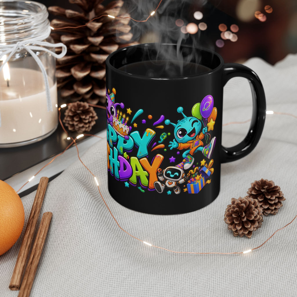 Happy Birthday Alien Mug – Colorful Space Party Mug with Cute Aliens & Robots