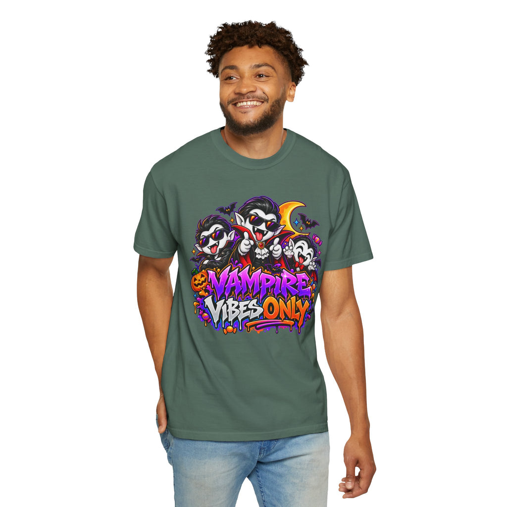 Neon Vampire Vibes Halloween Unisex Garment-Dyed T-Shirt Featuring a Cool Festora Vampire Crew