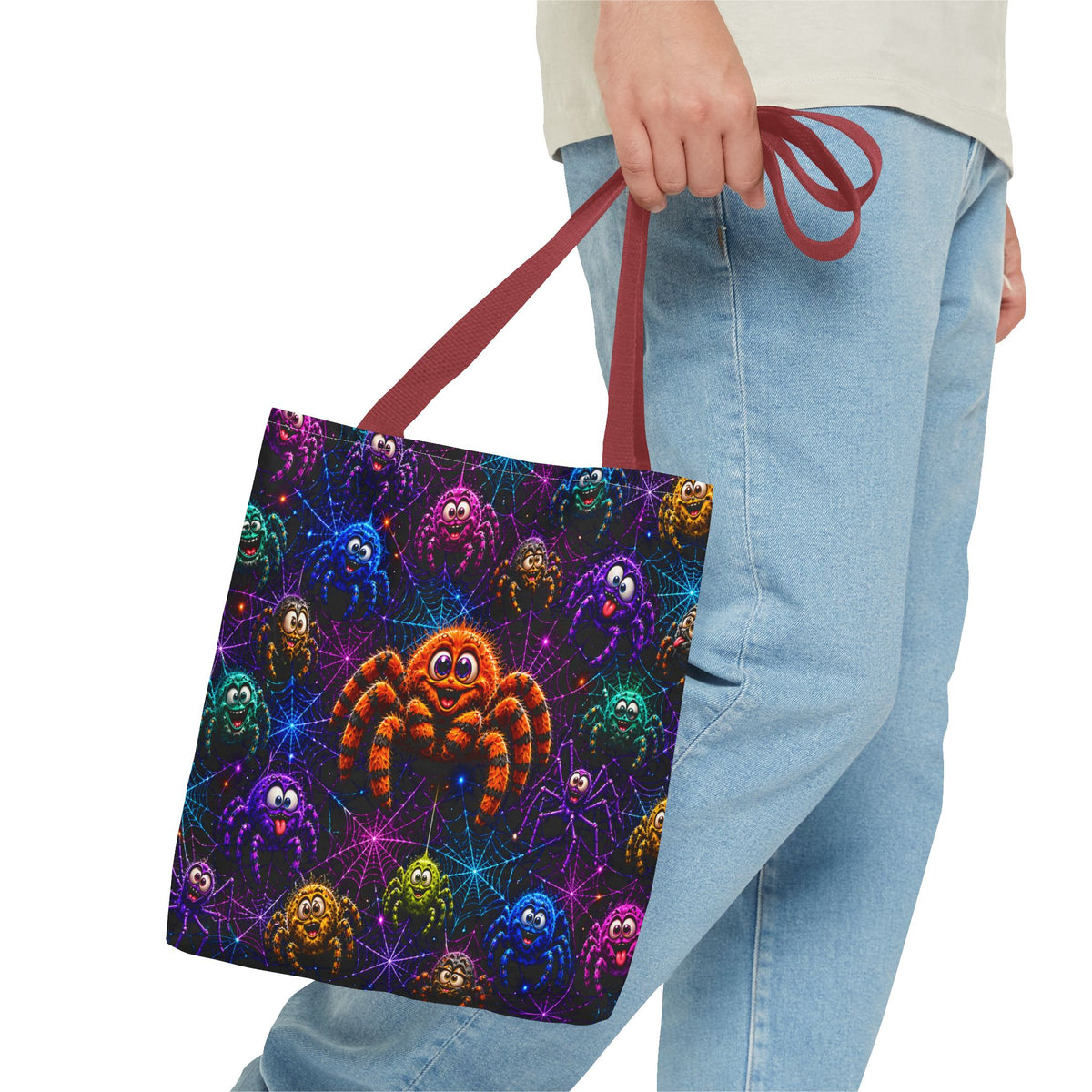 Colorful Crazy Spiders Halloween Tote Bag – Cute 3D Spider Web Pattern