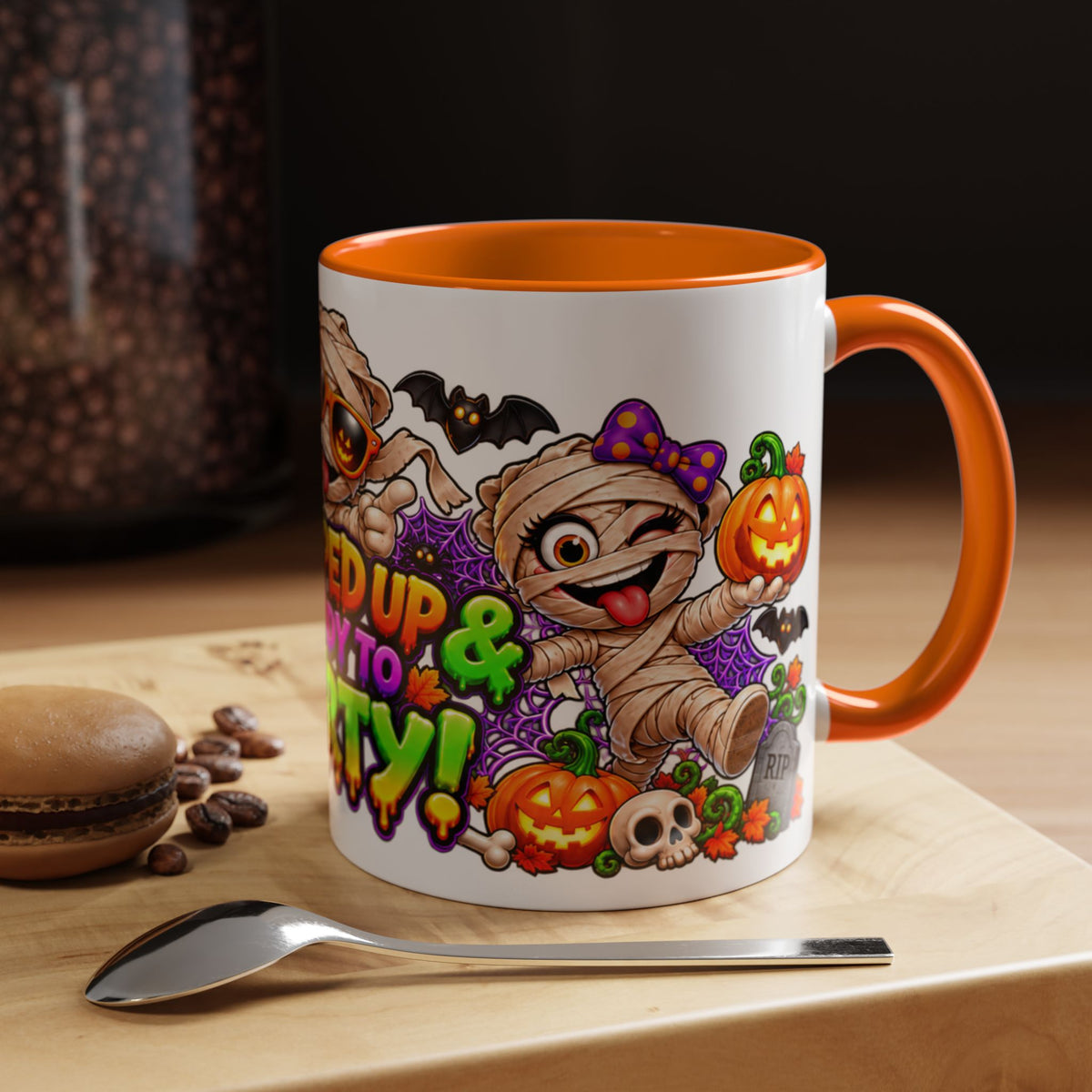 Wrapped Up & Ready to Party White Mug – Funny Mummies & Spooky Party Design