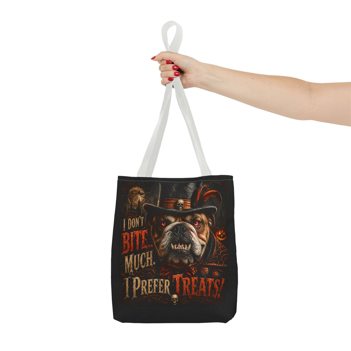 Halloween Bulldog Tote Bag — "I Don't Bite Much, I Prefer Treats" Candy‑Lovers Reusable Bag