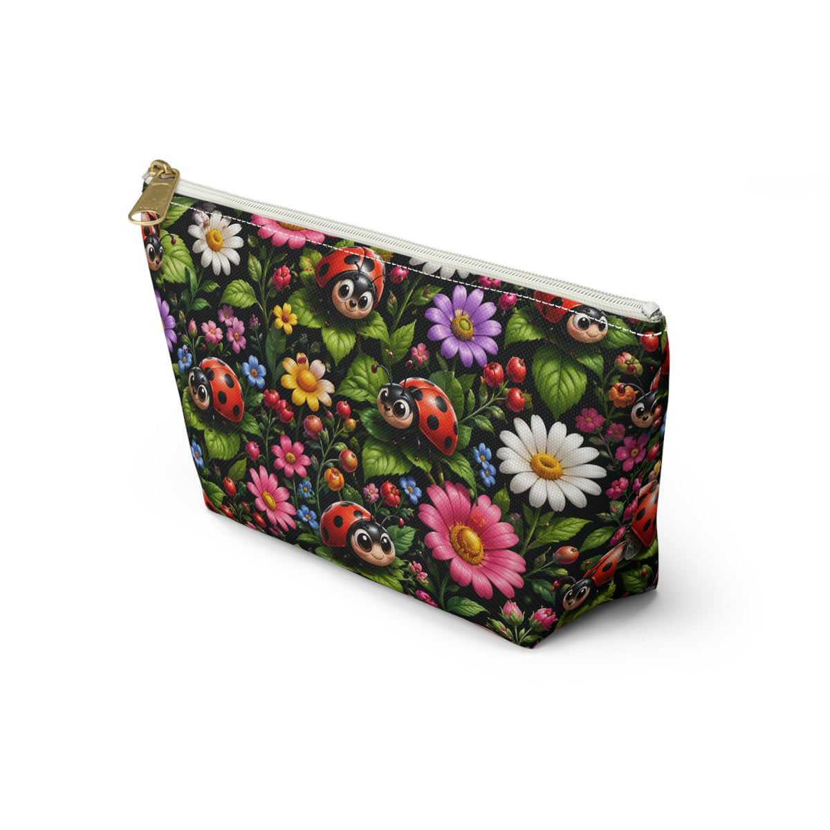 Ladybug Garden Accessory Pouch — Floral Makeup & Travel Cosmetic Bag