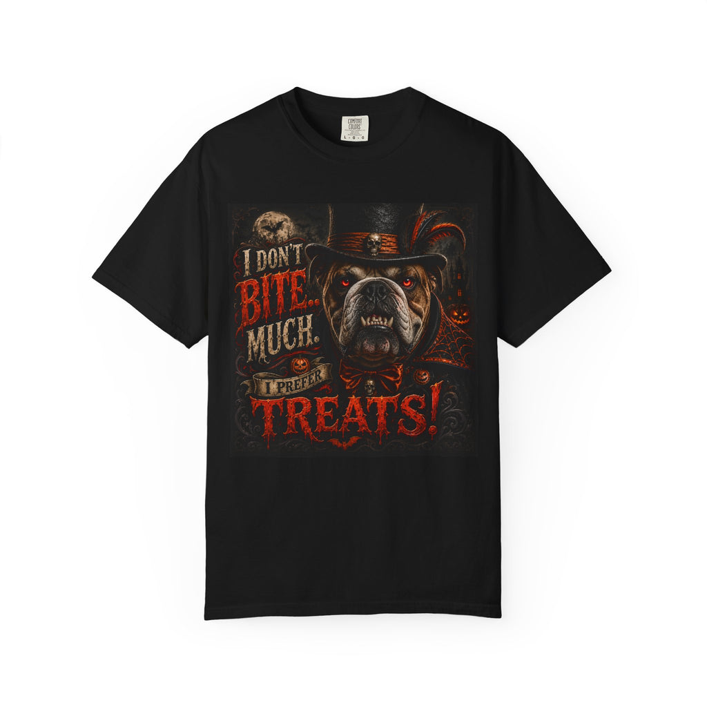 Halloween Bulldog T-Shirt — "I Don’t Bite Much… I Prefer Treats!" Graphic Tee