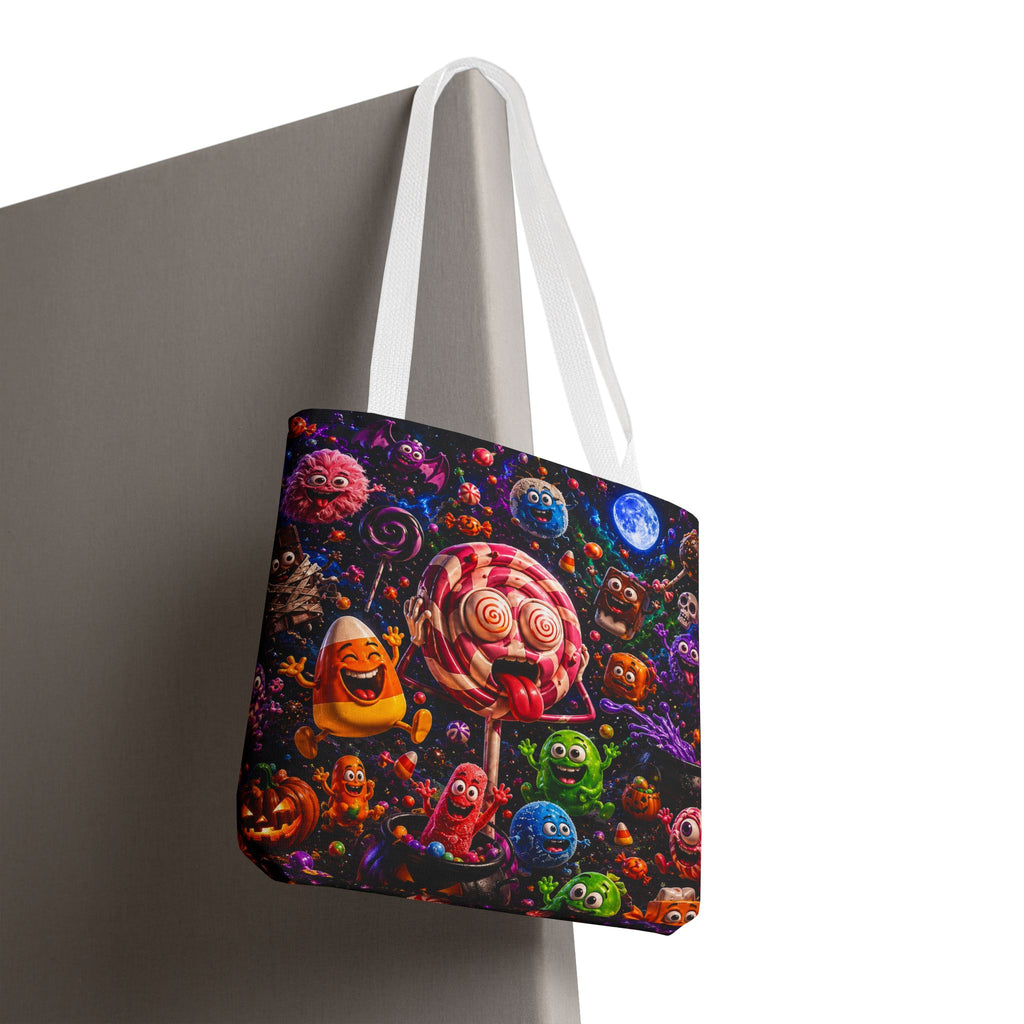 Crazy Halloween Candy Monsters Tote Bag — Colorful 3D Lolipop & Treats Design