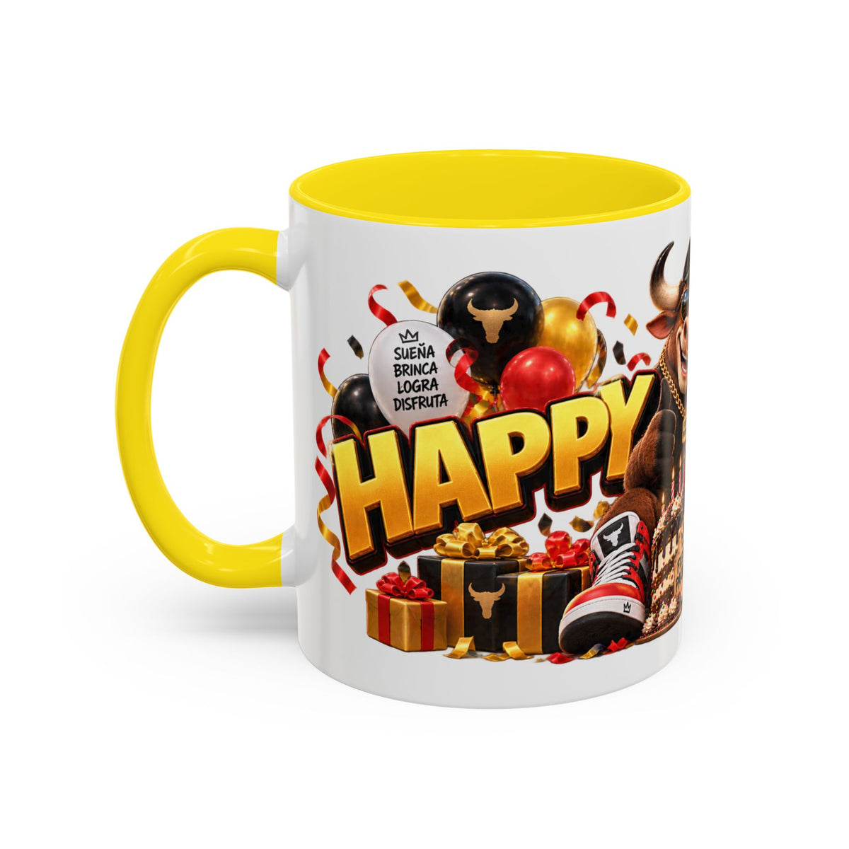 Happy Birthday Bull Mug – Colorful 3D Birthday Gift – White Coffee Mug