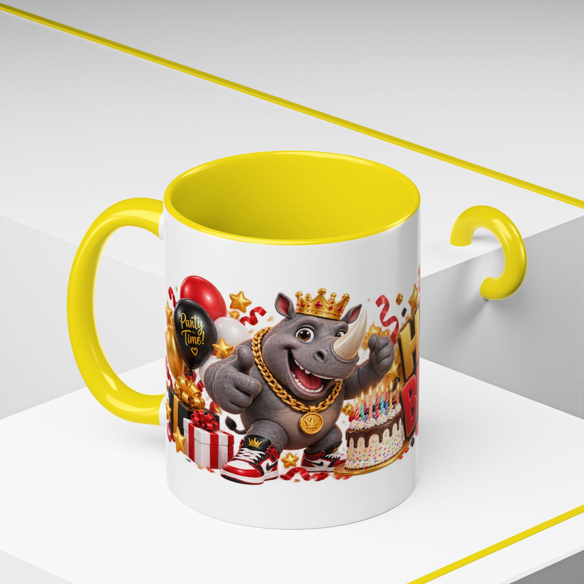 Happy Birthday Rhino Mug – Colorful 3D Birthday Gift – White Coffee Mug