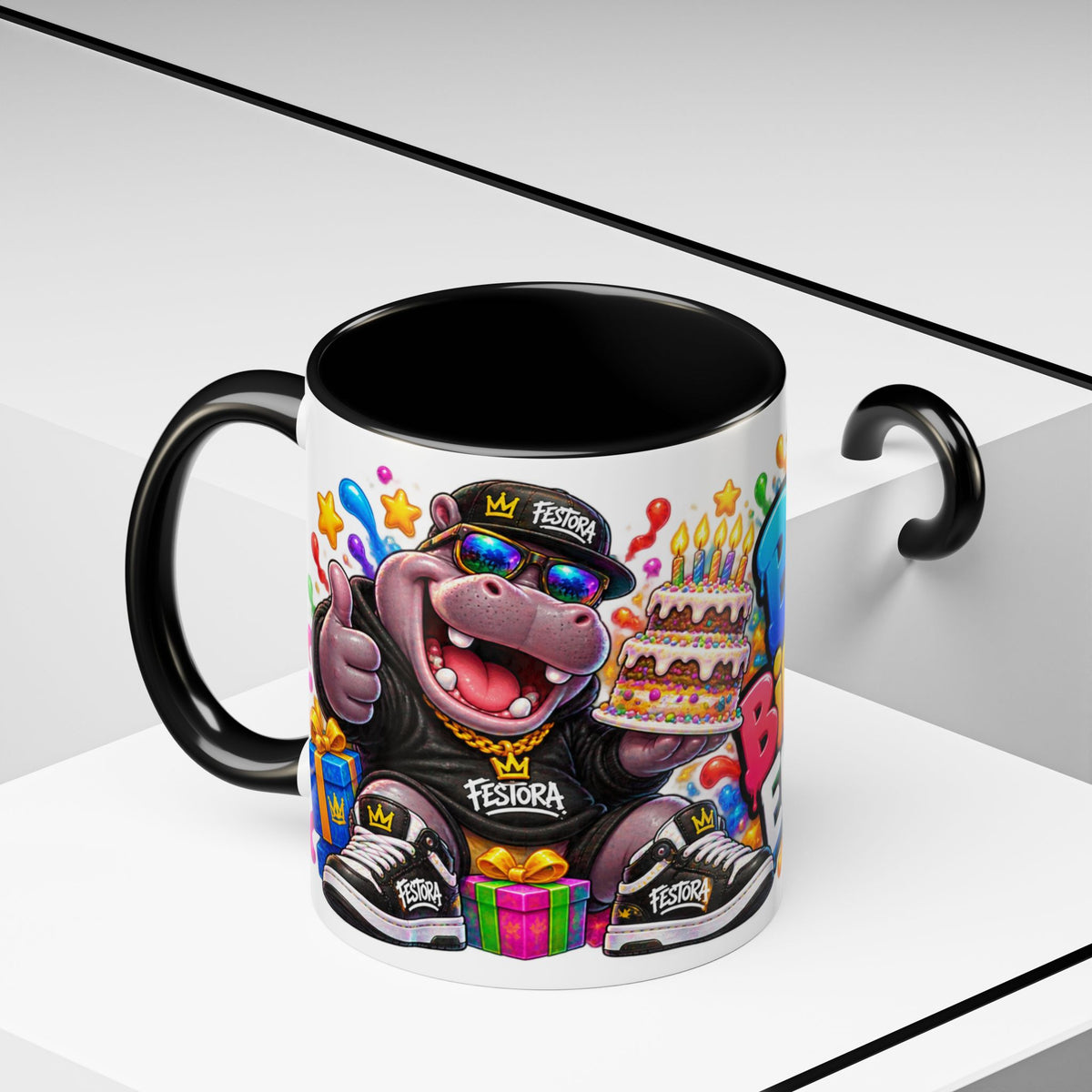 BIG BIRTHDAY ENERGY! White Ceramic Mug – Funny Hippo Birthday Coffee Cup – Colorful Party Gift – Original FestoraShop Design